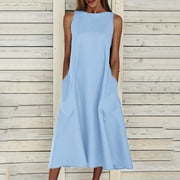 Gspmoly Womens Dress, Women Summer Beach Holiday Dress Round Neck Big Pocket Maxi Dress Wedding Dresses for Women Holiday Gifts