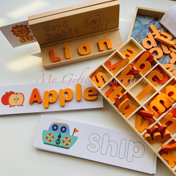 Montessori Movable Alphabets Words Spelling Phonics Puzzle - Wooden Learning Toy - Preschool STEM Toy Elementary Toy- Homeschool - Kids Gift