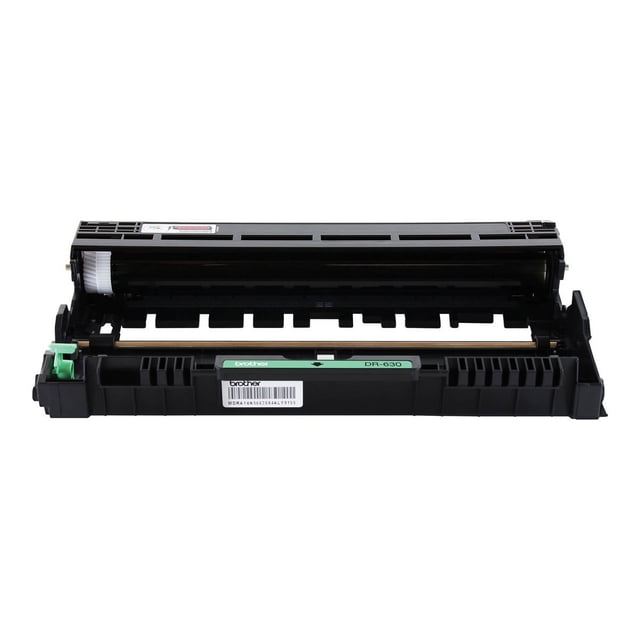 Brother DR630 Unité de Tambour d'Imagerie avec Corps en Plastique Noir et Levier de Déverrouillage Vert, Vue Orientée vers l'Avant Montrant l'Étiquette DR-630, Conçue pour la Technologie d'Impression laser et compatible comme Pièce de Rechange pour Brother printers.