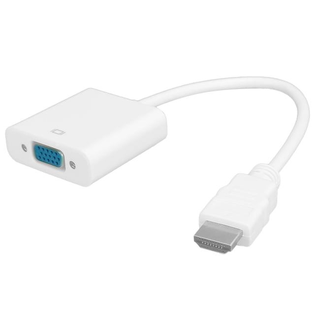 VGA Converter, Multifunction Converter Cable Portable Wear Resistant HD Multimedia Interface to VGA adapter in white, featuring a compact 0.2m cable length. Designed for connecting computers, laptops, monitors, projectors, and HDTVs, it includes a VGA port and an HD multimedia interface connector. Made of durable ABS material with strong anti-interference, heat dissipation, and wear-resistant properties.