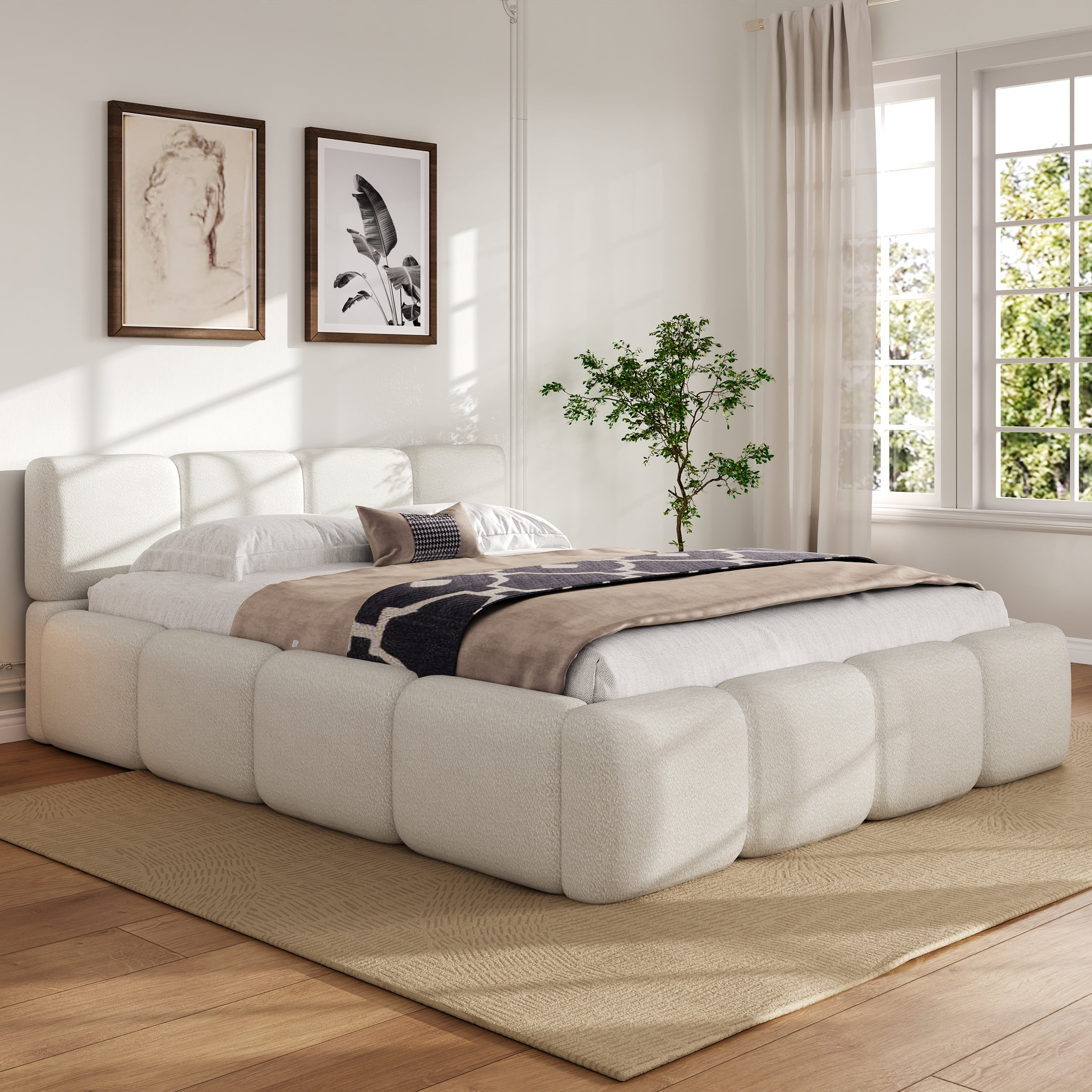 Lit plateforme Noble House King en boucle, tête et pied de lit épais, blanc