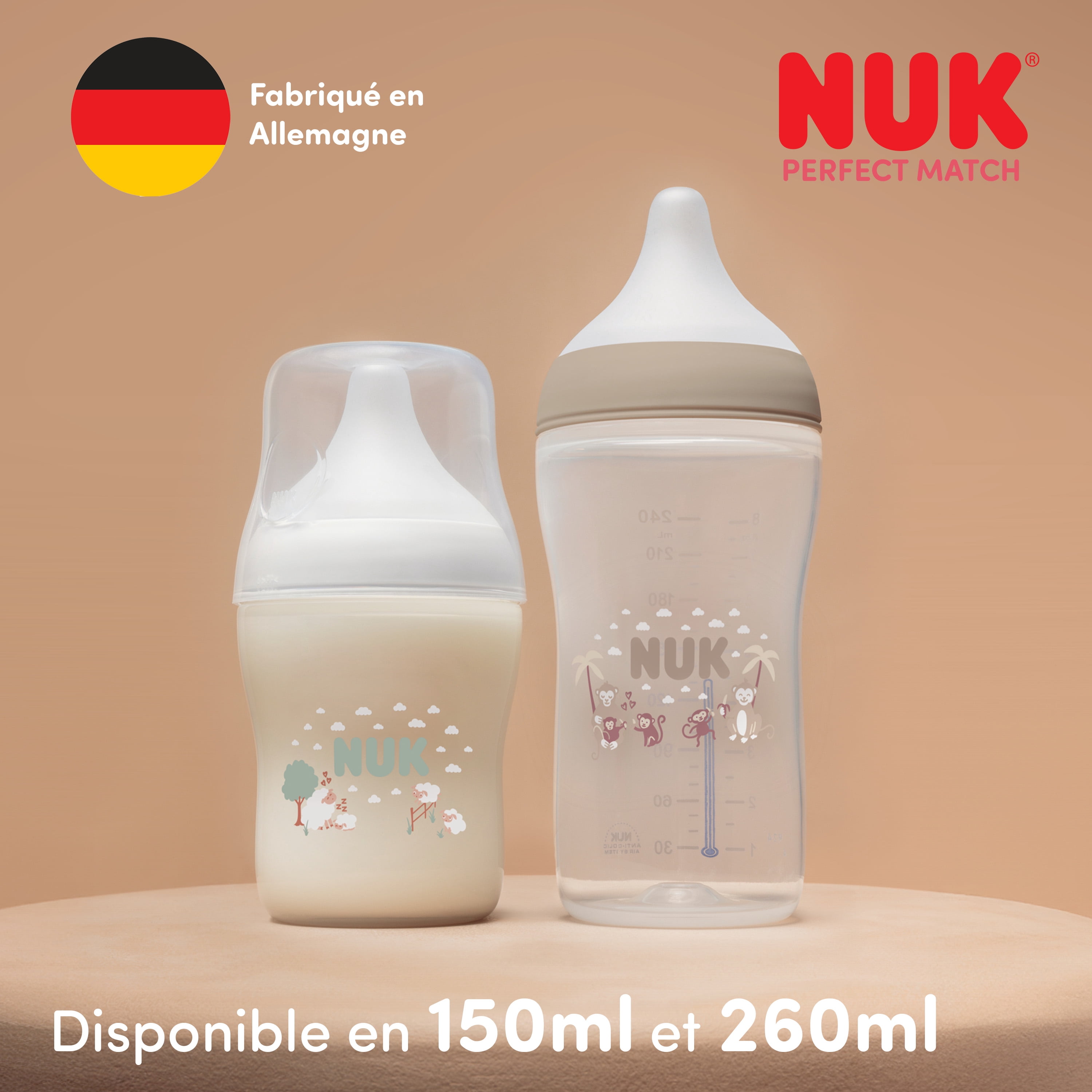 NUK Perfect Match Baby Bottle, 3+ Months, 260 ml, Anti Colic Feeding Bottle, Plastic, Temperature Control Indicator, Sheep, 3 Count