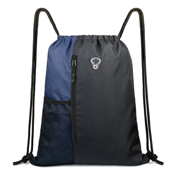 BeeGreen Drawstring Backpack Sports Gym Bag for Women Men Children Large Cinch Sackpack with 2 Zipper Pockets and Water Bottle Mesh Pockets Black Navy