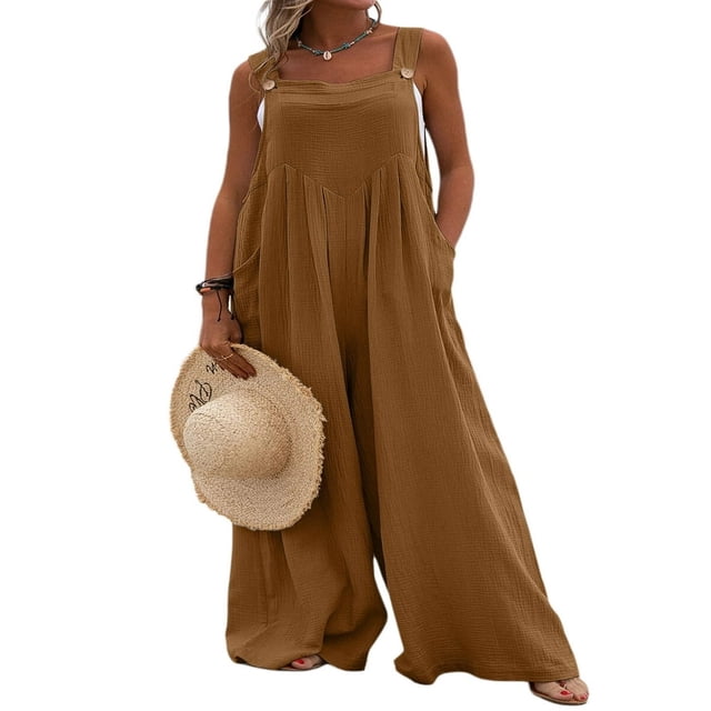 Wide Leg Overalls for Women Sleeveless Jumpsuits Suspender Overalls with Pockets
