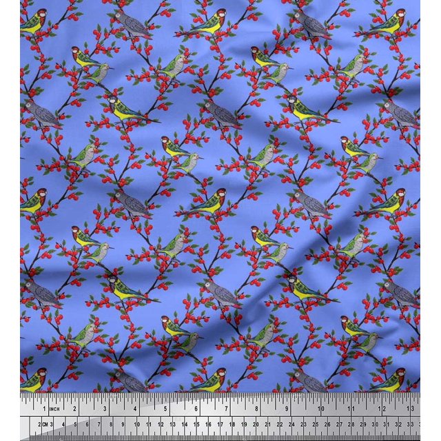 Soimoi Rayon Fabric Leaves,Red Berries & Parrot Bird Decor Fabric Printed Yard 42 Inch Wide