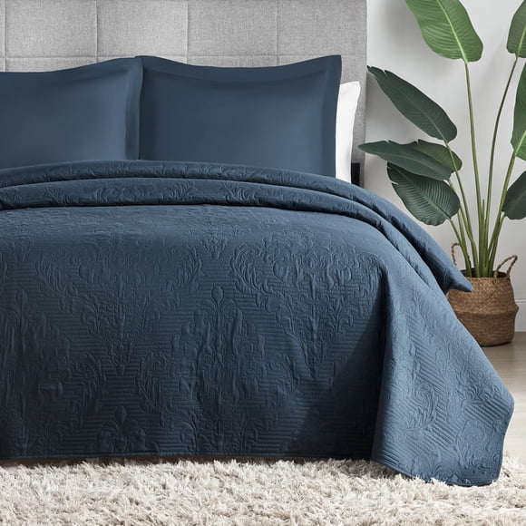 Hansleep Navy Quilt King Size - Damask Ultrasonic All Season Bedspread King Soft Lightweight Coverlet Bedding Set 3 Pieces (1 Quilt 2 Pillow Shams)