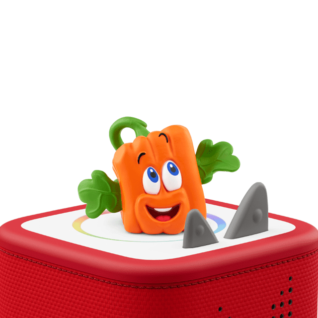tonies Spookley the Square Pumpkin Audio Play Figurine showing a square orange pumpkin character with blue eyes, a smiling mouth, and green leaf arms, standing on a red Toniebox speaker with white top and grey ears, designed for educational electronics and screen-free play for kids aged 3 and up.