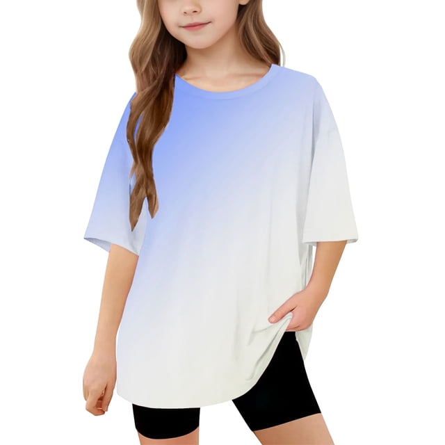 DecSea Girls Short Sleeve T shirt Kids Summer Oversized Gradient Crew Neck Tops Casual Basic Tee 5-14Years
