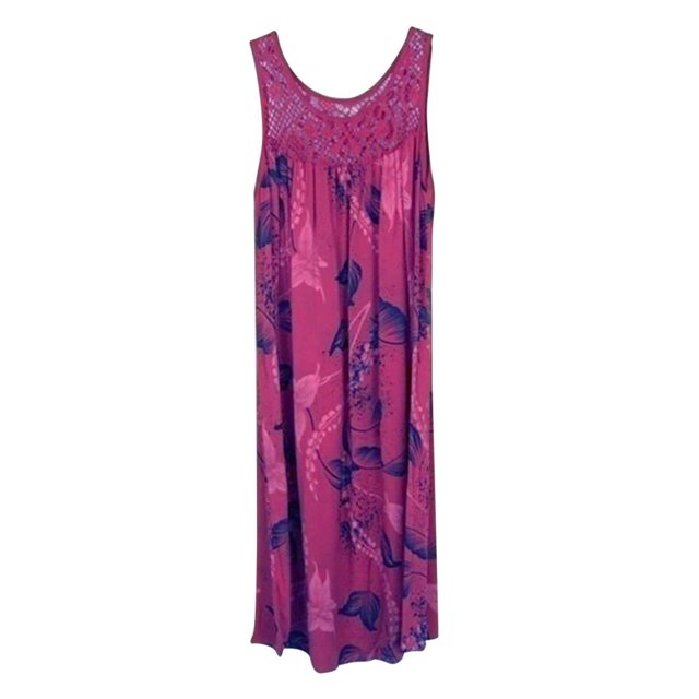 Cameland Women's Spring/Summer Round Neck Lace Patchwork Printed Loose Sleeveless Dress