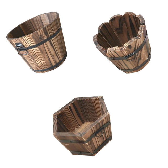 S SERENABLE 3Pcs Rustic Wooden Planter Barrel Flower Hexagon Round Top for Garden S Size
