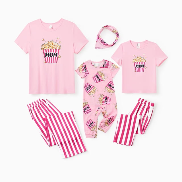 PatPat Pyjama Familial de la Saint-Valentin à Manches Courtes, Imprimé Maïs Soufflé, Ensemble Assorti à Rayures