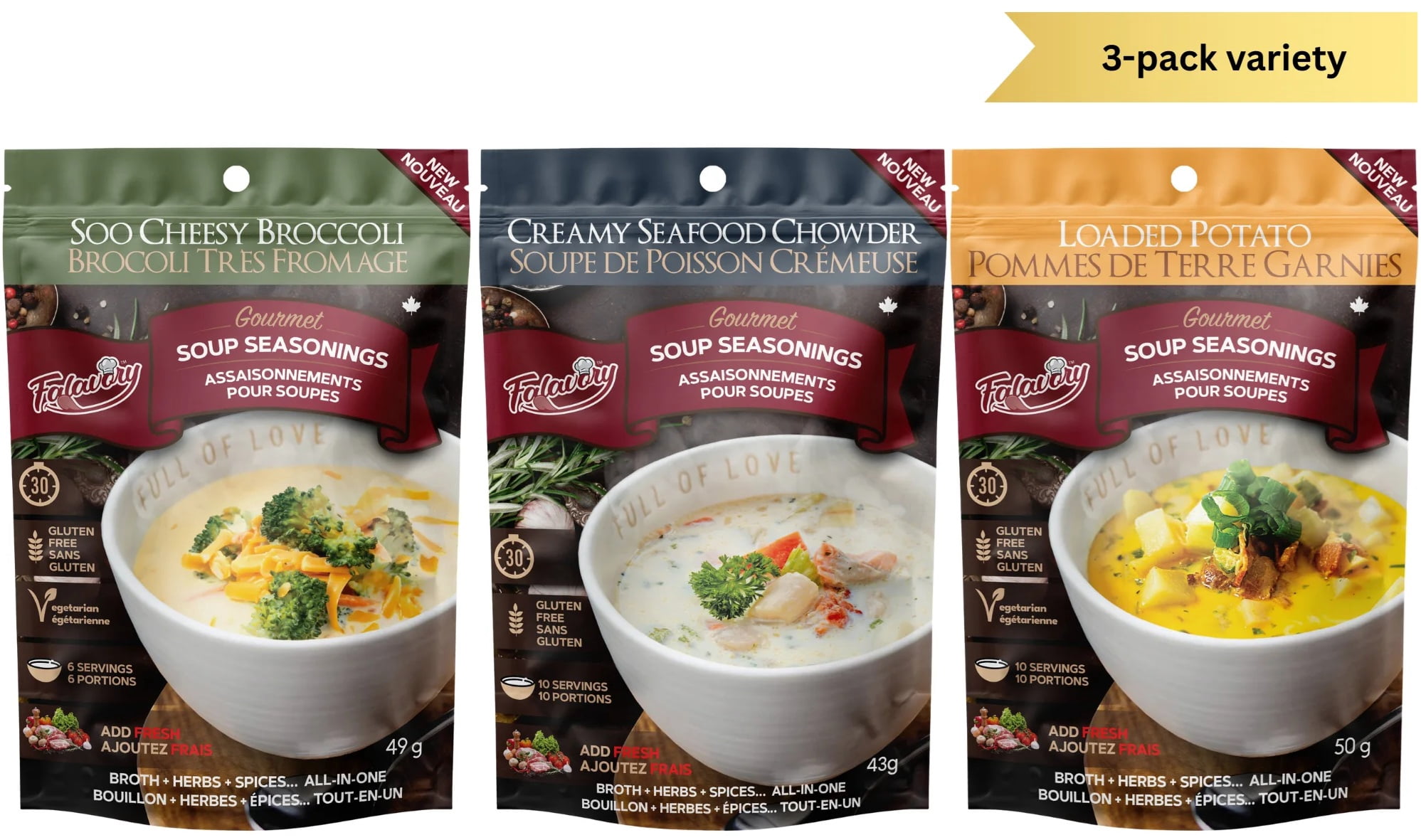 Falavory Comfort Classics – Creamy Comforts (Creamy Seafood Chowder, Soo Cheesy Broccoli, Loaded Potato) – 3-Pack Soup Seasoning Blends, 43–50g Each
