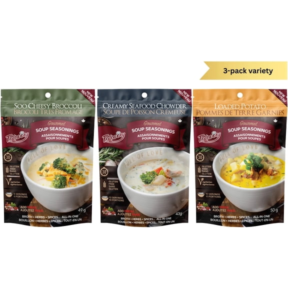 Falavory Comfort Classics – Comforts Crémeux (Chauffe de Fruits de Mer Crémeuse, Brocoli au Fromage Soo, Pomme de Terre Chargée) – Mélange d'Assaisonnement pour Soupe, Lot de 3, 43–50 g Chacun