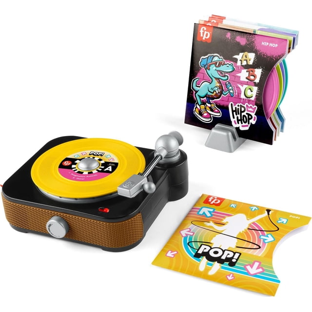 Fisher-Price Rockin’ Record Player Musical Toy for Preschool Pretend Play with a black and brown toy turntable featuring a silver tonearm and a yellow record, accompanied by colorful double-sided record sleeves with playful designs, ideal for interactive music learning and creative skills development.