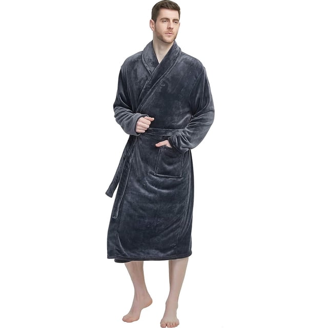 U2SKIIN Mens Fleece Robe in dark grey, size L-XL, featuring a long plush design with a shawl collar, tie belt, and front pockets. Made from premium fleece for warmth and softness, perfect as a men's bathrobe for lounging or relaxing at home.