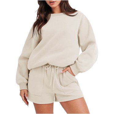 LLYwey Oversized Sweatshirt and Shorts Set Women 2 Piece Outfits Sweat Shorts Sets 2024 Casual Loose Matching Set Long Sleeve Crew Neck Sweatshirts Pullover Tops Sweatsuit Tracksuit Khaki L