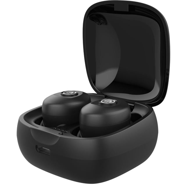 Wicked Audio Axoma True Wireless Headphones in an open matte black charging case with two compact earbuds featuring the Wicked Audio logo, designed for wireless Bluetooth streaming, enhanced bass, noise isolation, and up to 13.5 hours total battery life, suitable for extended daily use.