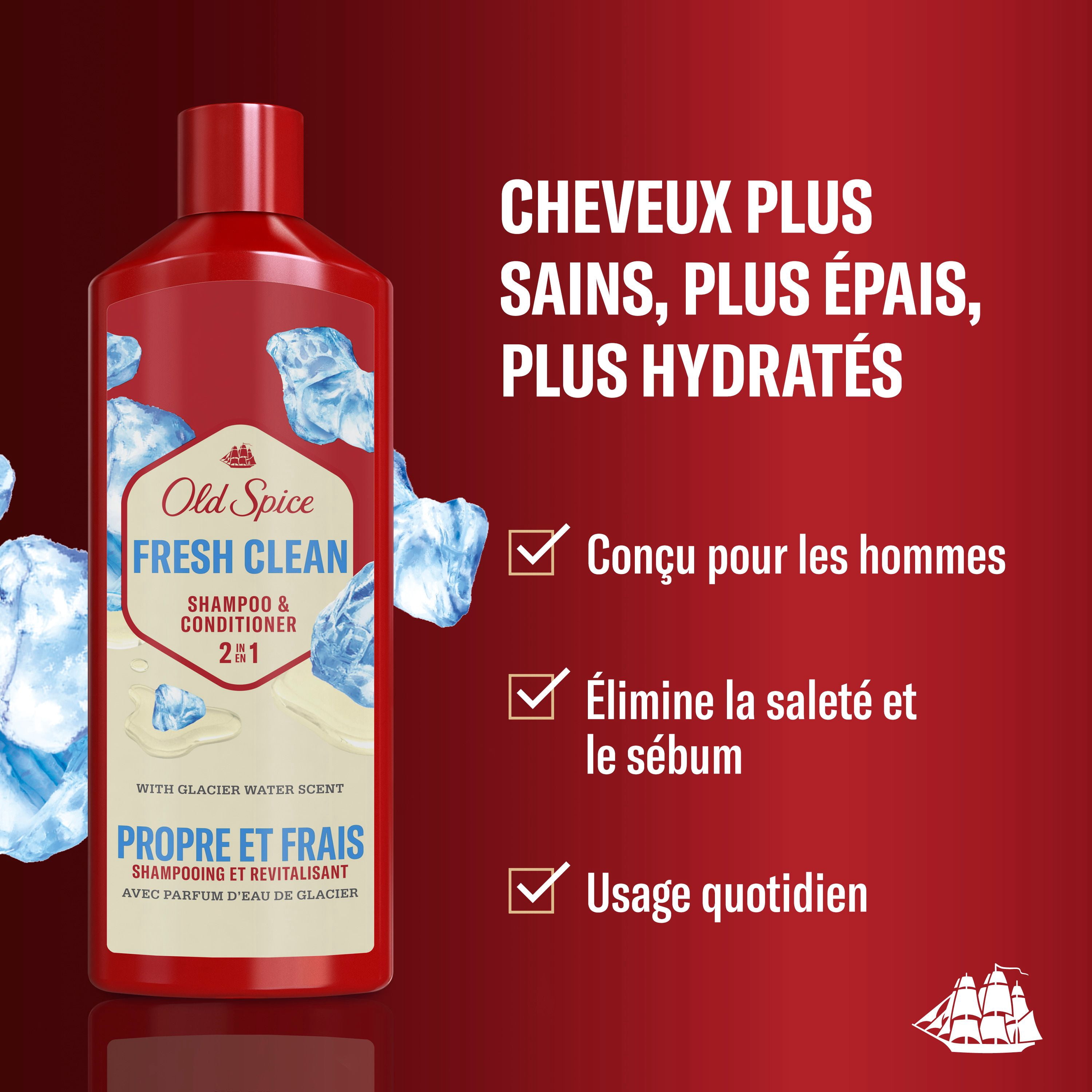 Old Spice Shampooing et Revitalisant 2 en 1 Propre Frais pour Hommes au Parfum d'Eau de Glacier, des Cheveux Épais Santé