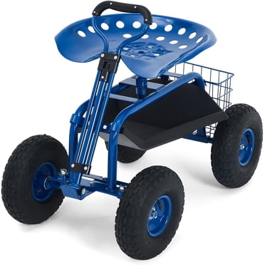 YUSAZENS 360Degrees Rotatable Rolling Garden Work Stool with Retractable Handle 4 Wheels Double Frame Backless Iron Rubber Structure Gentian Blue for Gardening