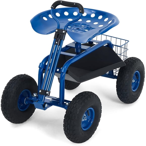 YUSAZENS 360Degrees Rotatable Rolling Garden Work Stool with Retractable Handle 4 Wheels Double Frame Backless Iron Rubber Structure Gentian Blue for Gardening
