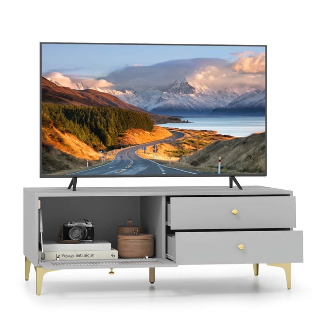 Costway Meuble Télé Moderne pour Téléviseurs de 55 Pouces avec Armoire à Porte Rabattable 2 Tiroirs de Rangement Gris