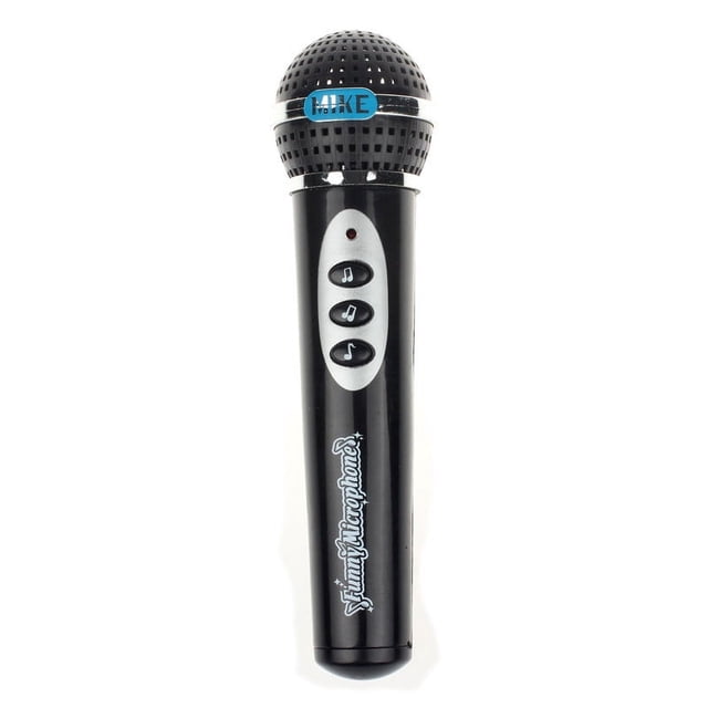 Kids Karaoke Microphone Battery Powered Black, a toy microphone designed for children aged 2-4 years. It features a sleek black plastic design with built-in music functionality and three control buttons on the handle for easy operation. Measuring 19cm (7.5 inches) in length, it encourages communication skills through singing and speaking. Requires 2 AA batteries (not included).