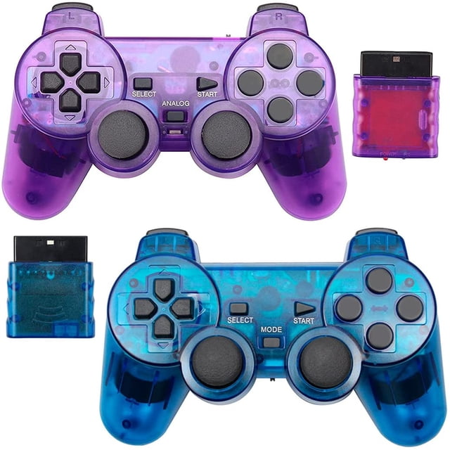 XYCCA Wireless Controller Compatible for PS2 Console, featuring upgraded joystick and double vibration functionality. Includes two wireless controllers in translucent purple and blue designs, two wireless receivers, and a brown box packaging. Ideal for retro gaming accessories, the controllers support dual shock games with two vibration effects, digital and analog controls, and an 8-directional key with independent control buttons.