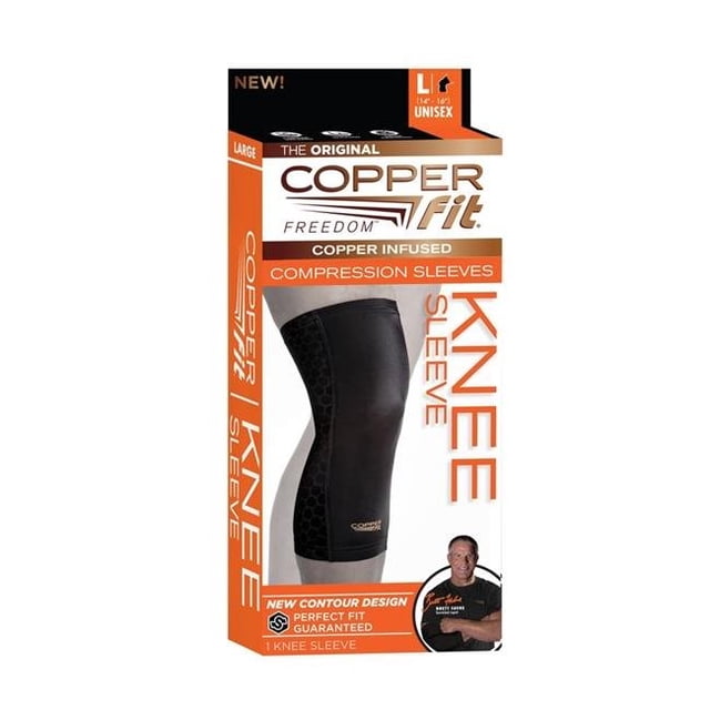 Copper Fit 6005310 Compression Knee Sleeve in black, shown in its retail packaging. The sleeve is designed for improved circulation, reduced swelling, and relief of joint and muscle stiffness. Features include a contoured, non-slip design and 4-way stretch for all-day comfort. Size: Large, unisex.