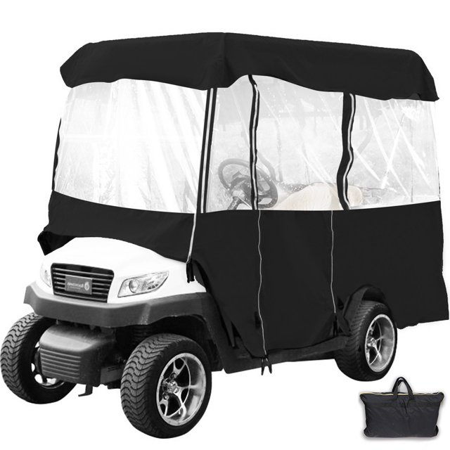 Housse de Voiturette de Golf pour 4 Passagers, Enceinte de Conduite Imperméable pour Personne, Porte Enroulable par VEVOR. Enceinte Noire en Tissu Oxford 300D avec Revêtement en PVC et Fenêtres en PVC Transparentes, Conçue pour s'Adapter à la Plupart des Voitures de Golf 4 Places. Comprend des Portes Enroulables avec Bande Magique, des Ouvertures Latérales à Fermeture Éclair et un Panneau avant Détachable pour un Accès Facile. Comprend un Sac de Transport pour le Rangement et la Portabilité. Dimensions : Toit 110x220 cm, Hauteur Latérale 158 cm.