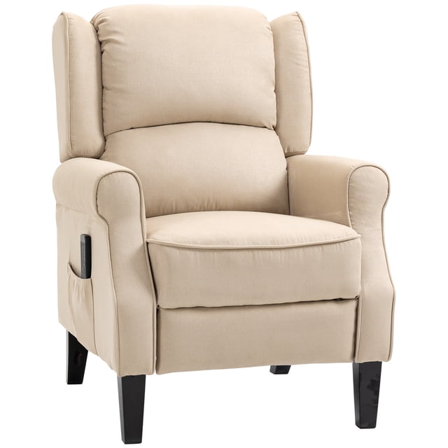 HOMCOM Massage Recliner Chair Push Back Recliner Armchair with Footrest in beige color. Features soft faux suede upholstery, high-density foam seat cushion, and a back cushion filled with doll cotton for comfort. Includes two vibration massage zones in the back with two intensities, eight modes, and adjustable massage times of 15 or 30 minutes. The chair reclines up to 150° with a manually lifted footrest and has two side pockets for storage. Supported by a steel frame and poplar wood legs, it has a weight capacity of 264 lbs. Dimensions: 30.7 inches wide, 32.7 inches deep, and 39.8 inches high when upright.