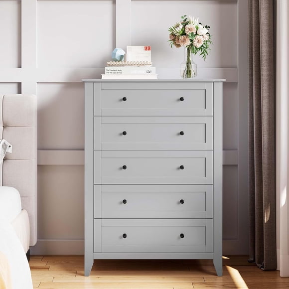 5 Drawer Dresser for Bedroom, Tall Dresser with Deep Drawers & Metal Knobs, Modern Wooden Chests of Drawers for Entryway