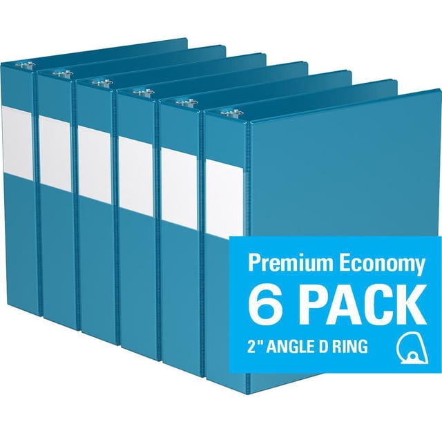 Davis Group Premium Economy D Ring Binder 6 Pack with 2-inch angle D rings, blue binders featuring clear interior pockets on front and back covers and full-width label holders on spines, ideal for conferences, reference, colleges, and universities