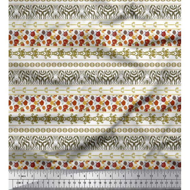 Soimoi Brown Silk Fabric Rose & Wild Animal Skin Patchwork Decor Fabric Printed BTY 42 Inch Wide