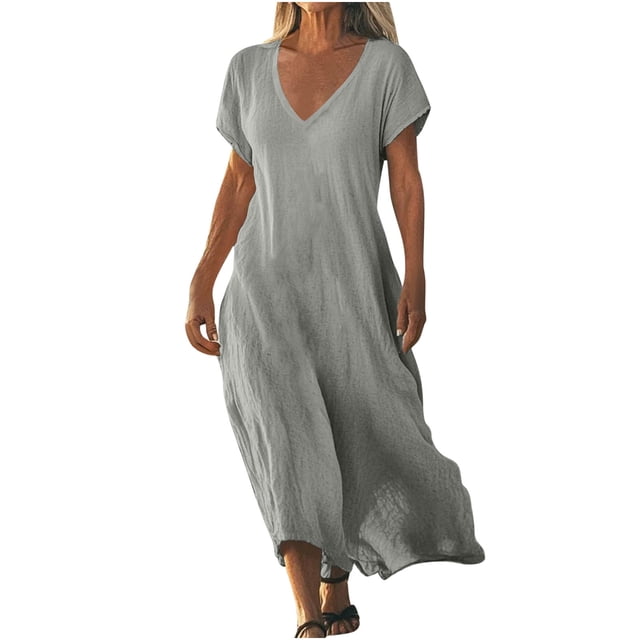 UPPADA Robe d'Été pour Femme Grande Taille en Coton et Lin, Robe Maxi Fluide à Manches Courtes, Robe Décontractée Style Sundress à Col en V, Taille Portefeuille, Robes Fluides de Plage, Tenues de Printemps Gris, P