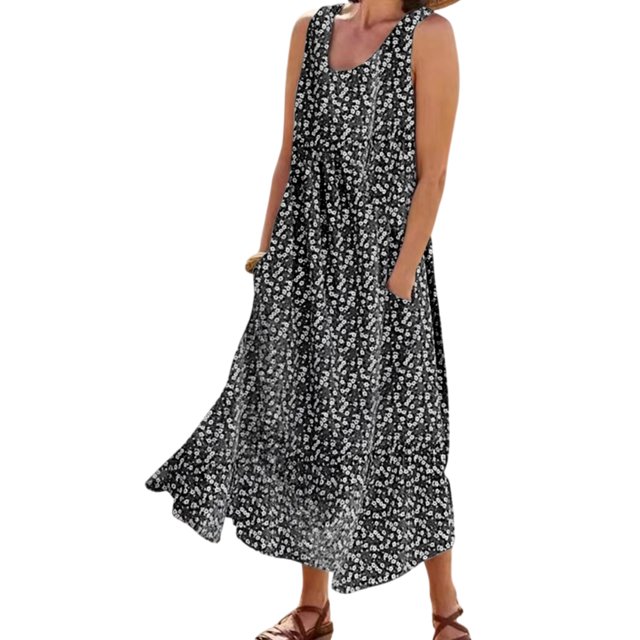 MAWCLOS Robe Évasée pour Femme Col Rond Été Plage Robe d'Été Sans Manches Longue Robe Maxi Hawaïenne Vacances Imprimé Floral Noir TG