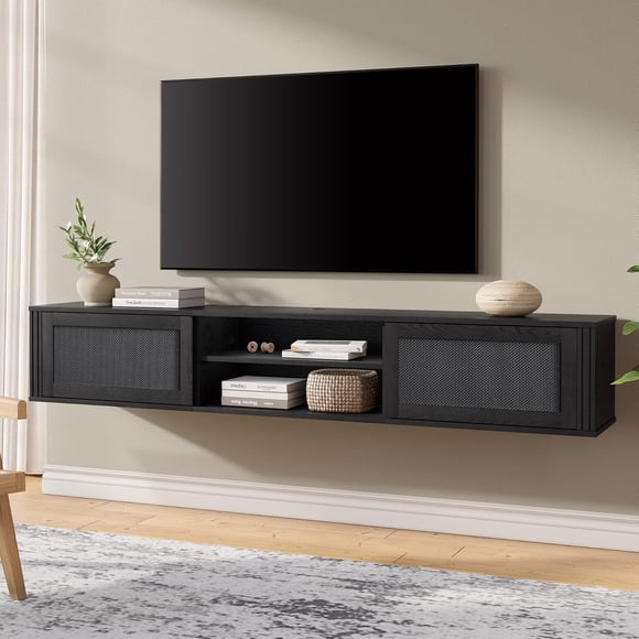 FITUEYES 2-Tier Floating TV Stand with Power Outlet, 70" Floating Entertainment Center for Wall with 2 Rattan Doors, TV Shelf for Living Room, Bedroom,Black