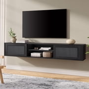 FITUEYES 2-Tier Floating TV Stand with Power Outlet, 70" Floating Entertainment Center for Wall with 2 Rattan Doors, TV Shelf for Living Room, Bedroom,Black