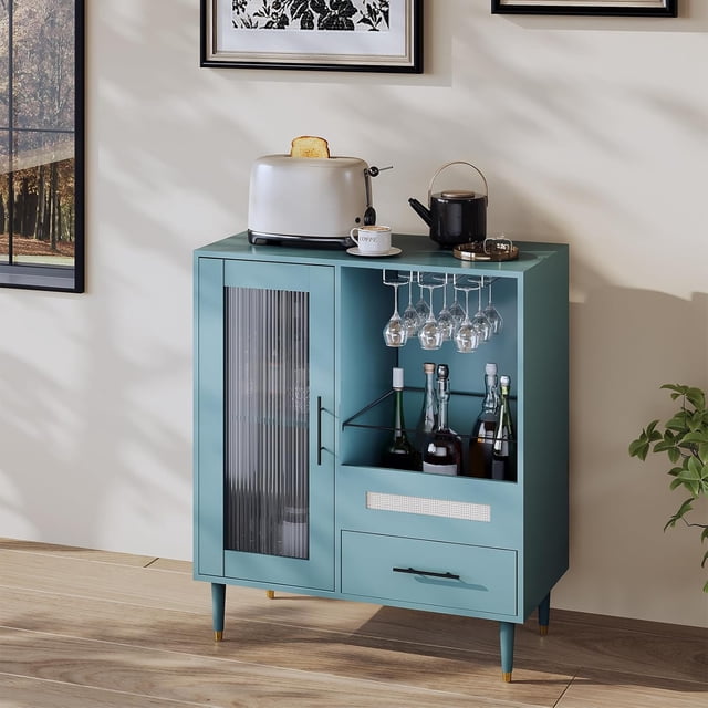EastVita 30.7Inch Coffee Bar Cabinet with Wine Glass Rack & Storage, Green