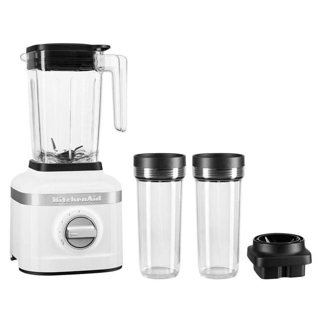 KitchenAid® 3 Speed Ice Crushing Blender with 2 Personal Blender Jars in white, featuring a 48-oz clear blender jar with black lid and handle, a white base with silver control dial, two clear personal blending jars with black lids, and a black blade assembly, designed for versatile blending, ice crushing, and smoothie preparation.