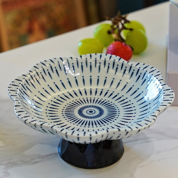 EGNMCR Kitchen Gadgets, Kitchen Accessories Chinese Blue And White Hand-painted Ceramic Tall Fruit Plates Delicate Pastries Tea High Footed Tray Nut Fruit Plates Dims Sum Plates ceramic plate