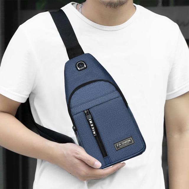 Crossbody Strap Bag Backpack with Headphone Hole | Multipurpose Sling Chest Pack | Lightweight Nylon Shoulder Bag | Adjustable Strap | Multiple Pockets | Hiking Travel Outdoor | 31x17x5cm | Blue