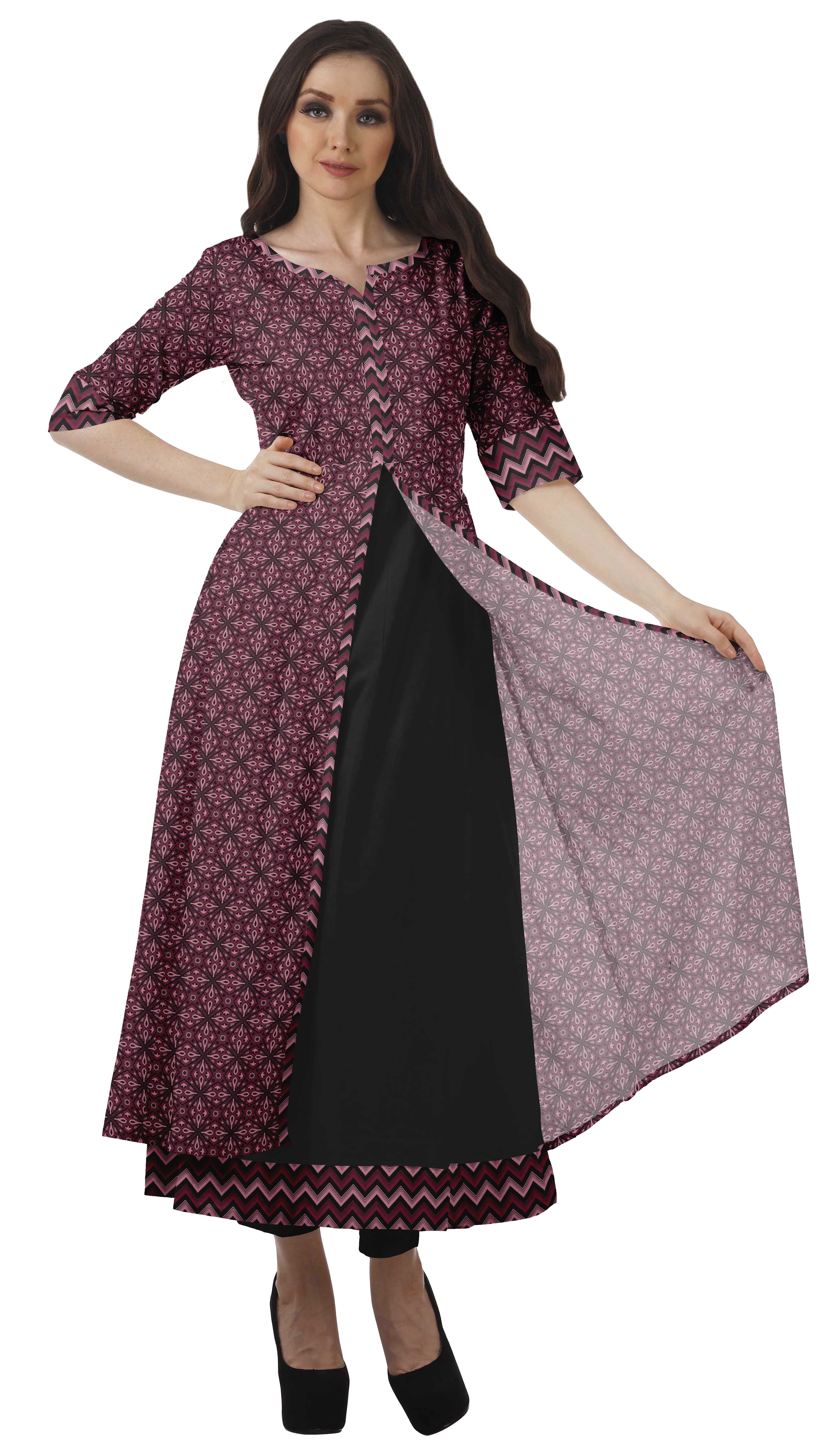 Moomaya Womens Cotton Printed Tunic Fron Slit Short Sleeves Long Kurta Kurti Set-XL