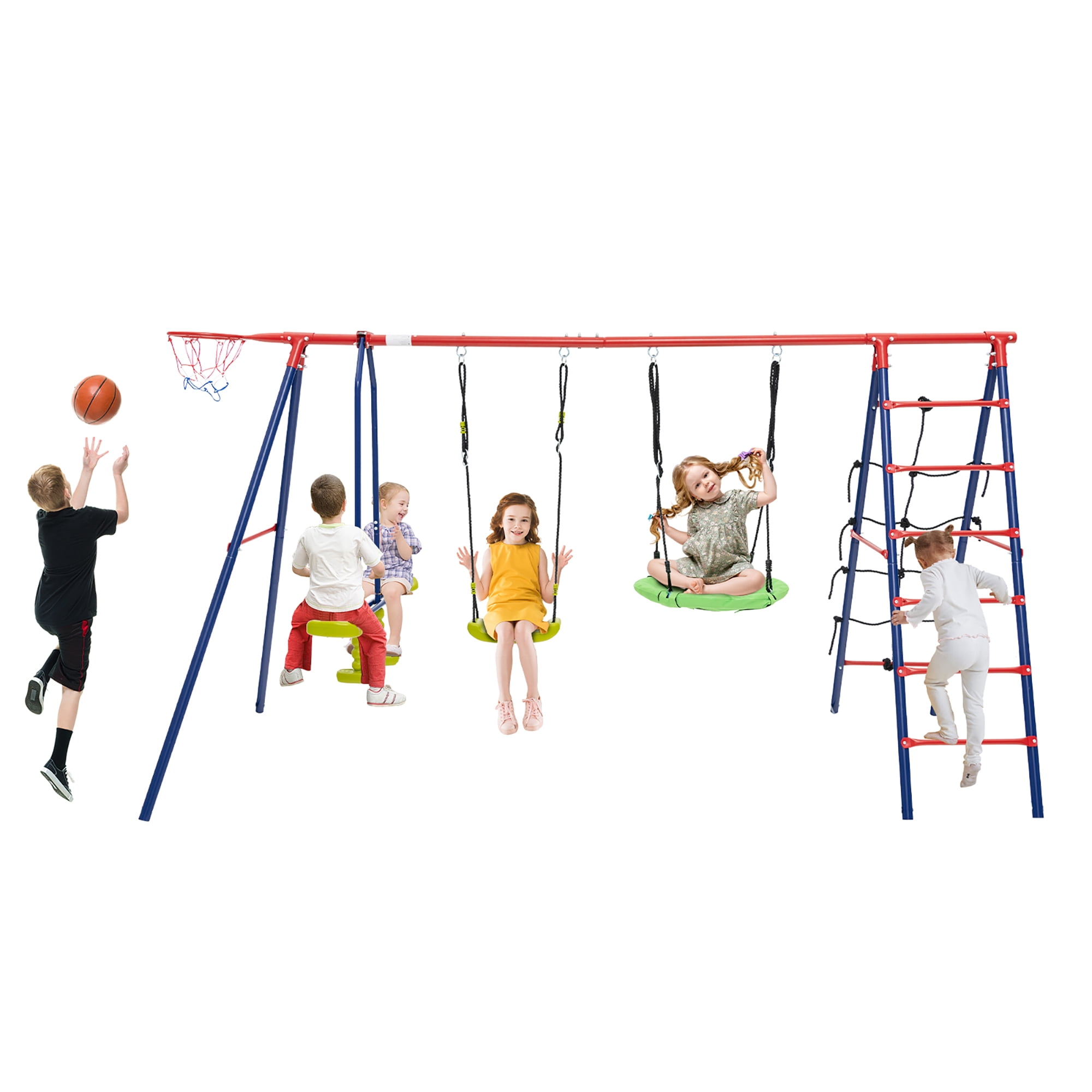 Gymax Ensemble de Balançoires pour Cour Arrière avec 2 Balançoires à Hauteur Réglable, Planeur, Panier de Basketball, Rouge et Bleu