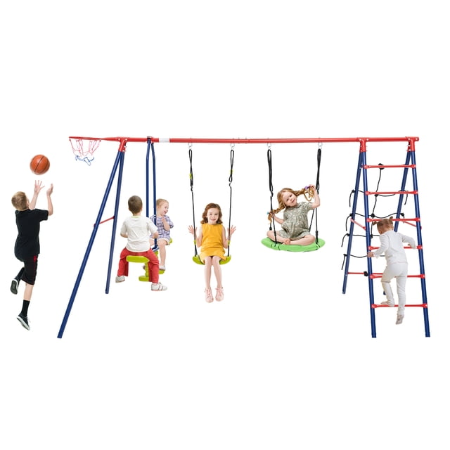 Gymax Ensemble de Balançoires pour Cour Arrière avec 2 Balançoires à Hauteur Réglable, Planeur, Panier de Basketball, Rouge et Bleu