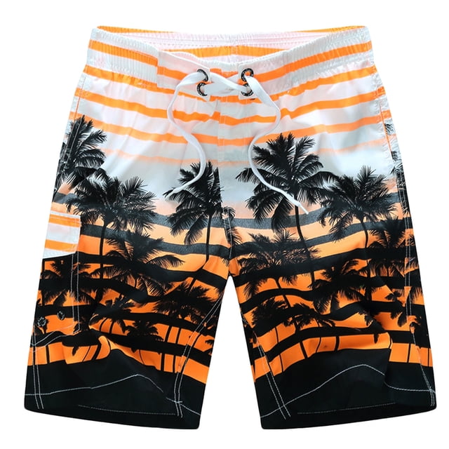 yievot Men's Swim Trunks Quick Dry Swim Shorts with a bold orange and black tropical palm tree design. These men's swimwear shorts are lightweight, breathable, and feature quick-drying fabric. The elastic waistband with a white drawstring ensures a secure fit, while the side pocket adds practicality. Ideal for swimming, surfing, and other outdoor activities, they are suitable for all seasons.