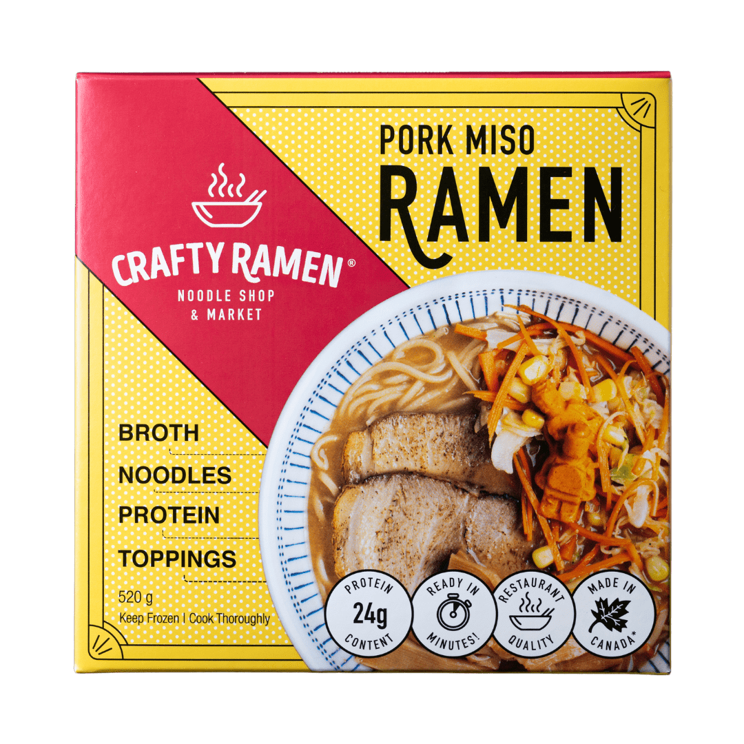 Pork Miso Ramen, Restaurant-Quality Frozen Ramen - 520g, 24g Protein per serving. Includes: broth, noodles, protein, toppings. Ready in minutes.