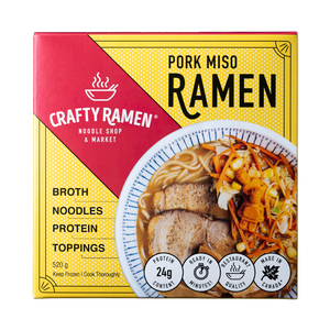 Pork Miso Ramen, Restaurant-Quality Frozen Ramen - 520g, 24g Protein per serving. Includes: broth, noodles, protein, toppings. Ready in minutes.