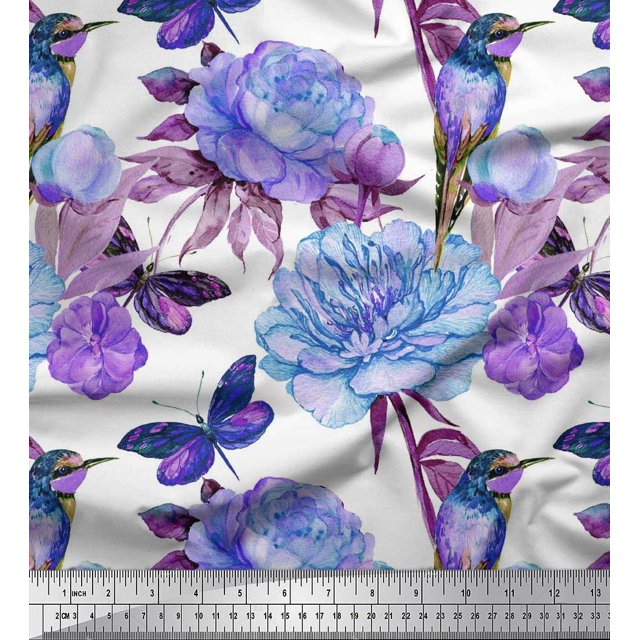 Soimoi Blue Cotton Poplin Fabric Hummingbird,Insect & Floral Print Fabric by The Yard 42 Inch Wide