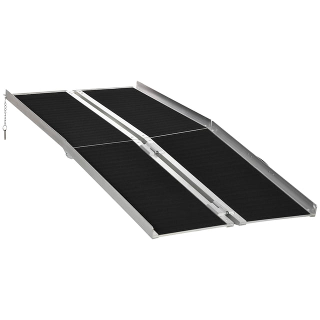 HOMCOM Rampe de Fauteuil Roulant de 6 Pi pour Trottinette, Mobilité, Superposition Antidérapante avec construction durable en Alliage d'Aluminium, surface Antidérapante Noire et Garde-Corps de 1,4 Po pour la Sécurité. Conception Pliable pour la Portabilité et le Rangement, avec une Plateforme de 28 Po de Large Pouvant Supporter jusqu'à 594 Lb. Convient aux Aides à la Mobilité comme les Fauteuils Roulants et les Trottinettes, Idéal pour les Gourmons, les Escaliers et les porches.