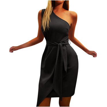 PVCS Fashion Women Solid Color Sleeveless Slanted Shoulder Strap Dress Dress